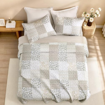 Litanika Floral Beige Quilt Queen - 3Pcs Botanical Birds Bedding Set