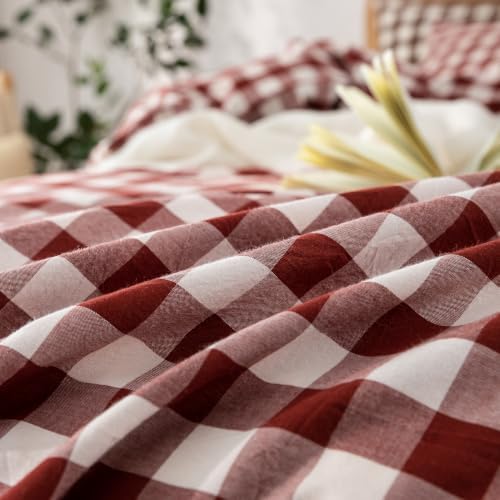BESTOUCH Gingham Cotton Duvet Cover Set Fired Brick Red Oversized Full