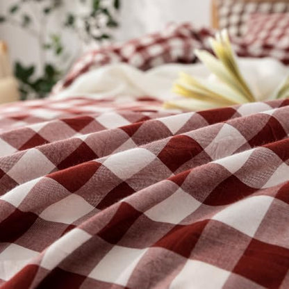 BESTOUCH Gingham Cotton Duvet Cover Set Fired Brick Red Full