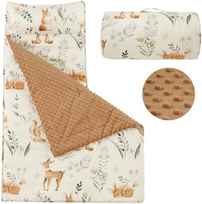 PHF Toddler Nap Mat with Removable Pillow and Minky Blanket, Rollup Design Kids Sleeping Mat Slumber Bags, 50"x20" Toddler Sleeping Bag for Daycare Preschool Travel Camping, Woodland & Animal