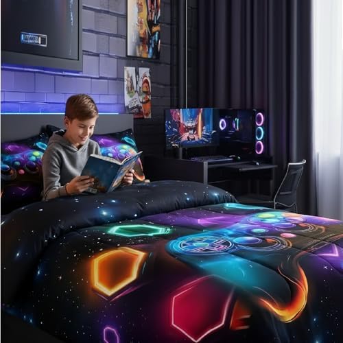 Erosebridal Game Consoles Full Size Bedding Set Gamer Gifts,Gaming Comforter Sets for Boys Space Glow Geometric Kids Comforter Sets Boy Red Green Blue Teal,Gamer Decor for Boys Bedroom
