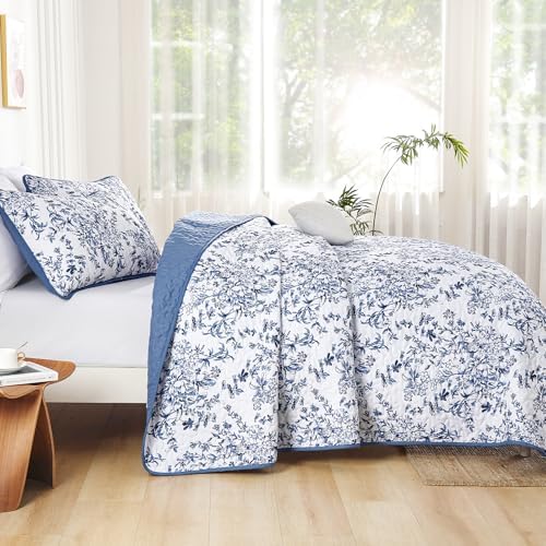 WONGS BEDDING Botanical Quilt King Size, 3 Pieces Bedspread Set,Blue