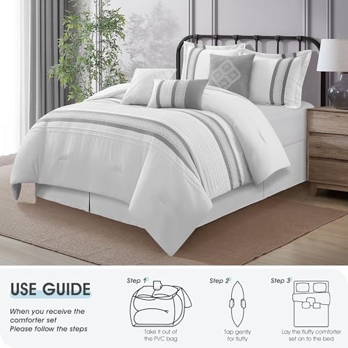 LANCO MODERN LIFESTYLE 7 Piece Comforter Set, Grey White, Queen Size, Boho Style Geometric Microfiber Embroidery, Bed in a Bag with Bedskirt, Pillow Shams and Decor Pillows