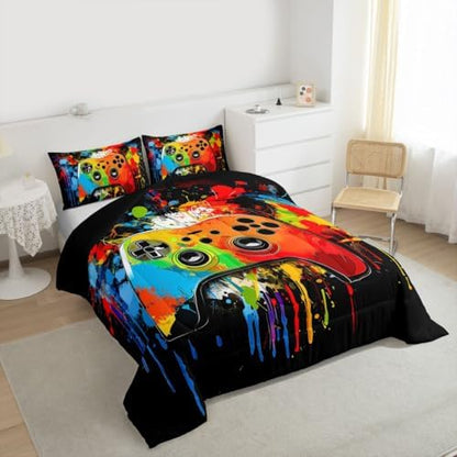 Erosebridal Gamer Comforter Set Graffiti Tie Dye Game Consoles Girl Toddler Bedding Set for Preteen Boys Girls Gaming Comforter Watercolor Abstract Art Quilt