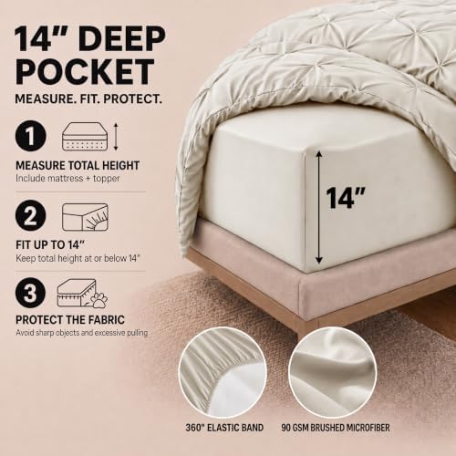 HIMEET Full Size Comforter Set Beige - 7 Pieces Pintuck Bed in a Bag