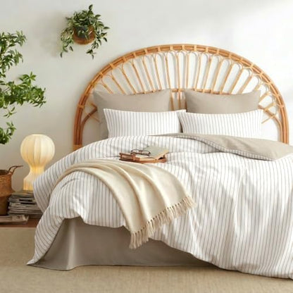 Nayoroom White Brown Striped Comforter Set Queen Reversible Taupe Bedding