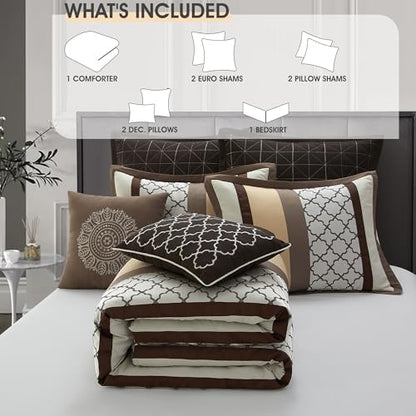 LANCO MODERN LIFESTYLE California King Comforter Set, Brown Bedding Set, Jacquard Woven with Embroidery, 8 Pieces Bed in a Bag, Bed Skirt, Shams and Decorative Pillows
