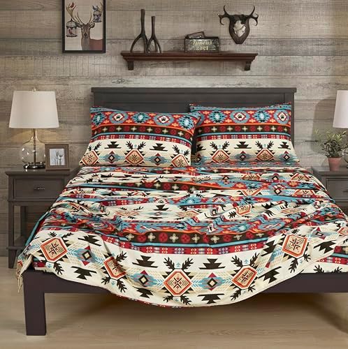 Chezmoi Collection 3-Piece Southwestern Geometric Motif Sheet Set Twin XL Size - Multicolor Red Brown Blue Cream Printed Brushed Microfiber Lightweight Breathable Deep Pocket Bed Sheets