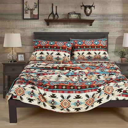 Chezmoi Collection 3-Piece Southwestern Geometric Motif Sheet Set Twin XL Size - Multicolor Red Brown Blue Cream Printed Brushed Microfiber Lightweight Breathable Deep Pocket Bed Sheets