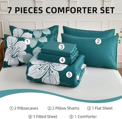 Luxudecor Teal Comforter Set Queen, 7 Pieces Floral Bed in a Bag