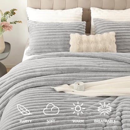 Smoofy Fluffy King Size Comforter 3 PCS - Light Grey Fleece Bedding Set