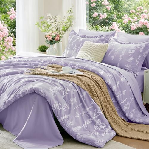 MUXHOMO Lavender Purple Bed in a Bag Queen 7 Pieces, Queen Comforter Set Reversible Botanical Flowers Design, Ultra Soft & Breathable Bedding Sets with Comforter, Sheets, Pillowcases & Shams