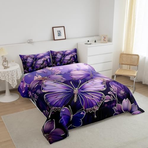 jejeloiu Purple Butterfly Comforter Set Queen Size Kids Floral Flower Bedding Set for Boys Girls Teens Boho Butterfly Duvet Breathable Animal Quilt Bedroom Decor,1 Comforter with 2 Pillowcase