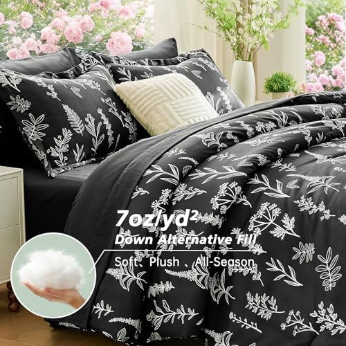 MUXHOMO Black TwinXL Comforter Set, Elegant Floral Print Bed in a Bag 5 Pieces, Ultra Soft & Breathable Reversible Botanical Pattern Bedding Set with Comforter, Sheets, Pillowcase, and Sham