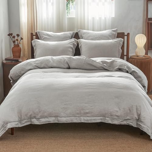 Simple&Opulence 100% Linen Duvet Cover Set with Embroidery Border Washed - 3 Pieces (1 Duvet Cover with 2 Pillow Shams) with Button Closure Soft Breathable Farmhouse - Light Grey, Full Size