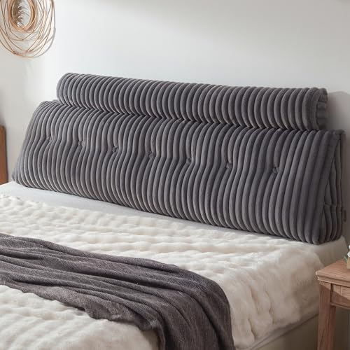 Headboard Pillow + A Long Neck Roll Pillow Body Pillow，Faux Fur Headboard Wedge Pillow with Removable Cover (Gray, King：76x8x20 inches)