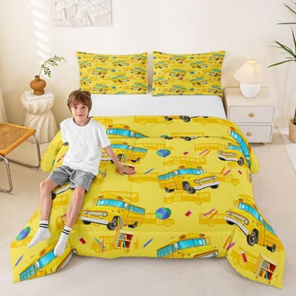 Feelyou School Bus Comforter Set Queen Size Yellow Cartoon Truck Bedding Set for Kids Boys Girls Transport Vehicles Duvet Quilt Bedroom Decor Microfiber 3 Pcs with 2 Pillow Cases