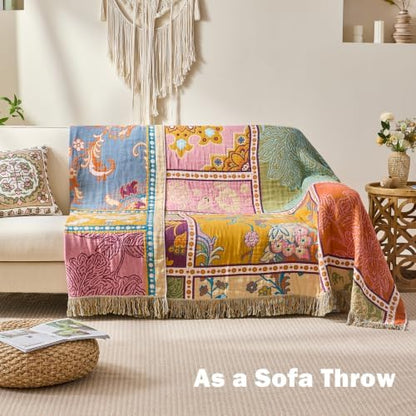 VANJOROY Boho Throw Blanket, 100% Organic Cotton Breathable Skin-Friendly Ultra Soft 60" x 80" Bed Patchwork Throw - Floral Rustic Luxury Reversible Blanket for Sofa Couch Chair and Gift,