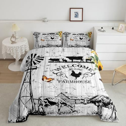 Erosebridal Windmill Bedding King Size, Rustic Farmhouse Comforter Set Retro Vintage Windmill Bedding Comforter Sets, Wooden Planks Barn Door Down Comforter with 2 Pillowcases for All Season