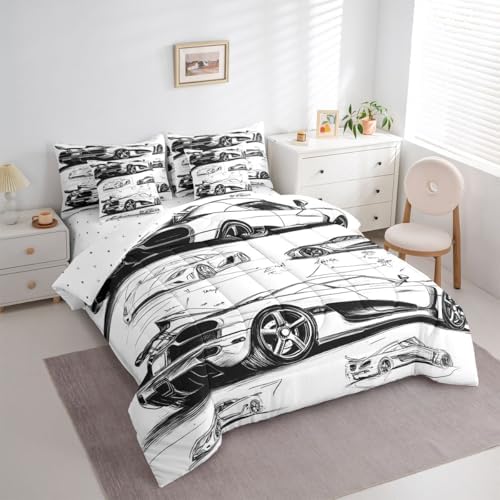 Feelyou Black White Race Car King Comforter Set with Sheets for Kids Boys Girls Extreme Sports 7 Pieces Bedding Set Speed Sports Car Bed in a Bag Room Decor Soft Lightweight Microfiber