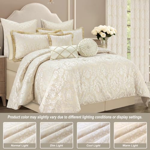 Loom and Mill 9-Piece Elegant Damask Comforter Set, Beige White, King