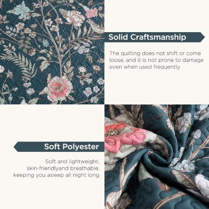 Litanika Floral Teal Quilt California King - 3Pcs Botanical Birds Bed Set