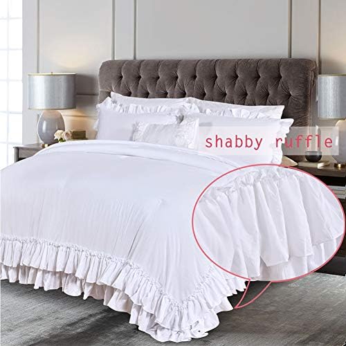 Masaca White Ruffle Comforter Full Size,Farmhouse Shabby Boho Chic Bedding Sets Full,3PCS Vintage Rustic Soft Microfiber Ruffled Bedding Comforter Set