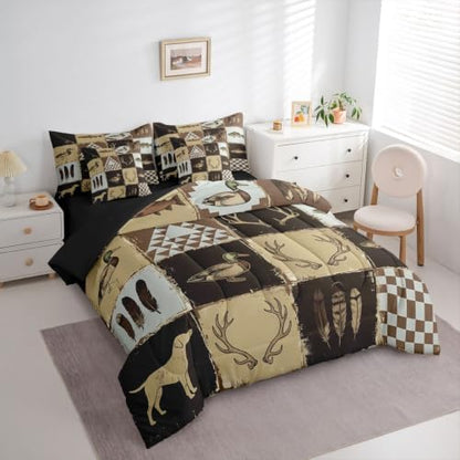 Feelyou Rustic Cabin Country Queen Comforter Set with Sheets for Kids Boys Girls Deer Hunting 7 Pieces Bedding Set Checkered Vintage Bed in a Bag Room Decor Soft Lightweight Microfiber