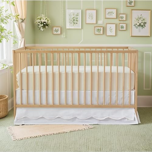 Brandream Scallop Edge Cotton Crib Skirt Toddler Bedskirt Baby Nursery Crib Bed Skirt Double Layer Boho Bohemian Neutral Solid Color Cream Off White Crib Bedding Skirt