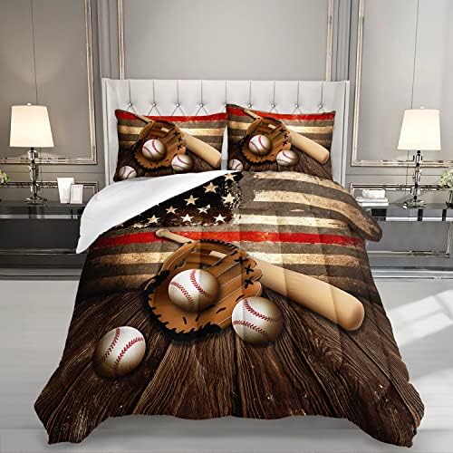 HOSIMA Boys American Flag Baseball Bedding Set Full with 2 Pillowcases.
