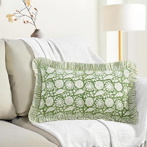 CPC Block Print Olive Bloom Ruffle Cotton Lumbar Pillow Cover 12x20 inch