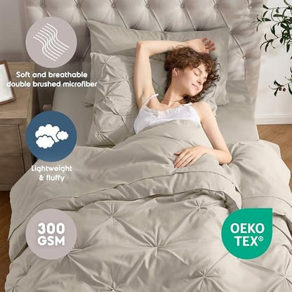 Nestl 7 Piece Twin XL Comforter Set – Beige Pinch Pleated Bed in a Bag – Complete Twin XL Size Bedding Set with Sheets, Set of 2 Cooling Pillows, Pillowcase and Sham