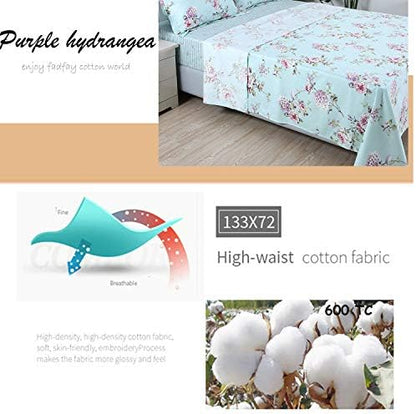 FADFAY Sheet Set Full Farmhouse Bedding Rose and Hydrangea 100% Cotton Blue Floral Deep Pocket Fitted Sheet 4-Pieces Full