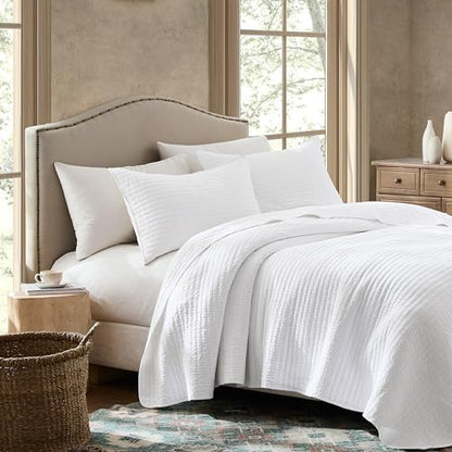 WDCOZY 100% Cotton Queen Size Quilt Set, Channel Pick Stitch, White