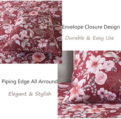 FADFAY Floral Sheets Set Twin XL Vintage Red Floral Bedding Shabby Pink Rose Elegant Peony Sheets Farmhouse Bedding 800 Thread Count 100% Egyptian Cotton Deep Pocket Fitted Sheet 4Pcs, Twin XL Size