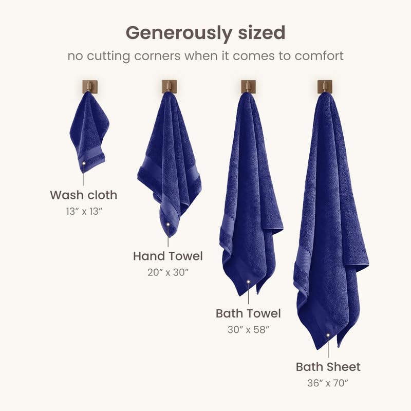 BIOWEAVES 100% Organic Cotton Bath Towel Set | 700 GSM Plush 6-Piece Premium Towel Set GOTS Certified, 2 Bath Towels, 2 Hand Towels & 2 Washcloths - Navy Blue