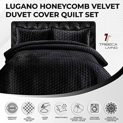 Tribeca Living Lugano Oversized Velvet Quilt Set - All Season, Extra Large, 3 Piece King Size Comforter Set with 2 Pillow Shams in Steel Grey Honeycomb Pattern 260GSM