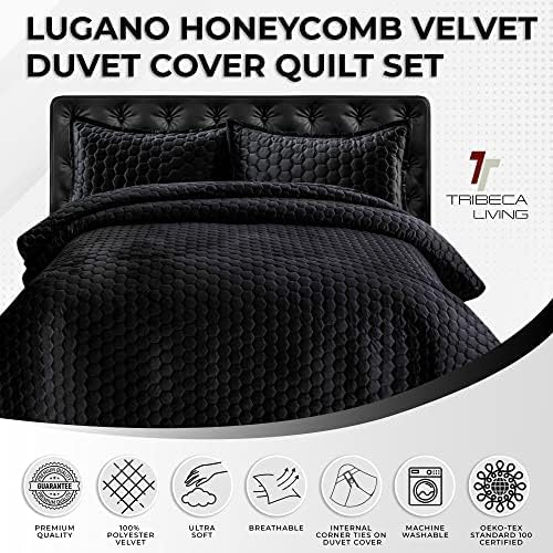 Tribeca Living Lugano Oversized Velvet Quilt Set - All Season, Extra Large, 3 Piece King Size Comforter Set with 2 Pillow Shams in Steel Grey Honeycomb Pattern 260GSM