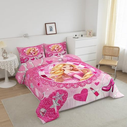 Castle Princess Kids Comforter Set Twin Size,High-heeled Shoes Lip Bowknot Fashion Bedding Set,Girls Women Room Decor,Glitter Stars Sequins Down Comforter,Pink Romantic Duvet Insert,1 Pillowcase