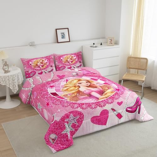 Castle Princess Kids Comforter Set King Size,High-heeled Shoes Lip Bowknot Fashion Bedding Set,Girls Women Room Decor,Glitter Stars Sequins Down Comforter,Pink Romantic Duvet Insert,2 Pillowcases