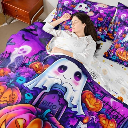 Erosebridal Cartoon Halloween Pumpkin Twin Comforter Set 7 Piece for Kids Adults Cartoon Graveyard Gothic Bed in A Bag with Sheetsghost Bedding Set Goth Bed Set Room Decor