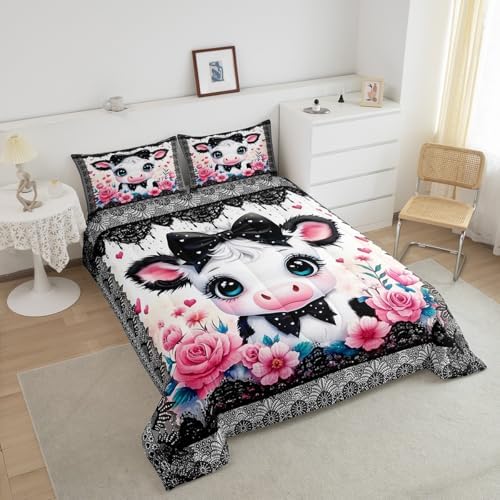 Feelyou Kids Cute Highland Cow Comforter Set Queen Size Cartoon Highland Cattle Bowknot Bedding Set Boys Girls Flowers Floral Printed Quilt Set Black Lace Pattern Bed Set