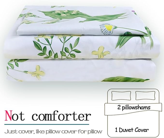 FADFAY Duvet Cover Set Full Shabby Green Daisy and Lavender Flowers Botanical Comforter Cover 100% Cotton with Hidden Zipper Closure 3-Piece, 1 Duvet Cover & 2 Pillowcases Full Size