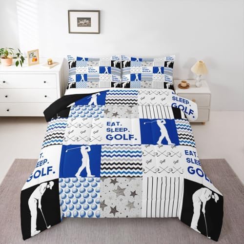 Erosebridal Boys Sports Comforter Set Full Golf Bedding Sets & Collections Golf Checkered Patchwork Bedding Set Ball Gamer Duvet Insert with 2 Pillowcase Decoratives 3pcs Athlete Player Bedroom Decor