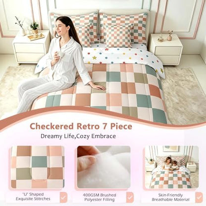 Feelyou Multicolored Checkered Retro 7 Piece Bedding Set Kids Boys Geometric Vintage Comforter Set with Sheets King Size Ivory White Colorful Bed in a Bag Modern Simple Groovy Aesthetic Room Decor