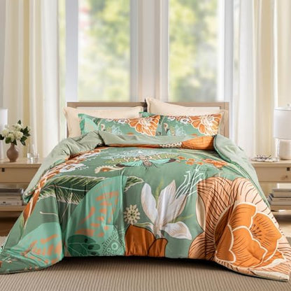 Tyrot Sage Green Boho Floral King Comforter Set - 3 Piece Farmhouse Botanical Bedding Comforter Sets for All Season Soft Lightweight Mid Century Bed Set, (1 Reversible Comforter and 2 Pillow Shams