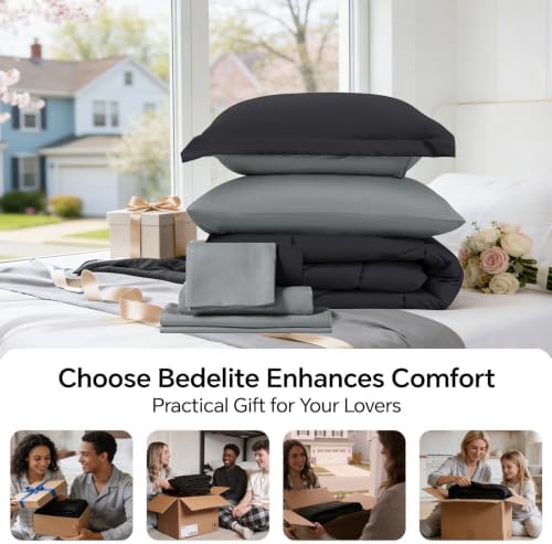 BEDELITE Queen Comforter Set 7 Pieces, Charcoal Black Bed in A Bag