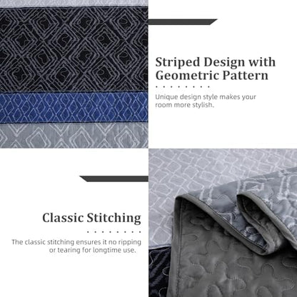 Cottolester Boho Quilt Set King Size,3 Pcs Gray Blue Striped Bedspread Set