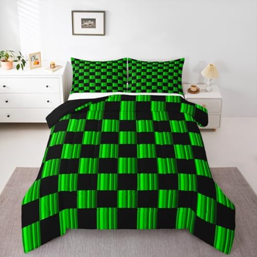 Feelyou Checkered Comforter Set All Season Abstract Ombre Bedding Set with 1 Pillow Cases Modern Geometric Green Black Kids Twin Bedclothes Cute Neutral Aesthetic Plaid Bedroom Decor Duvet Quilt