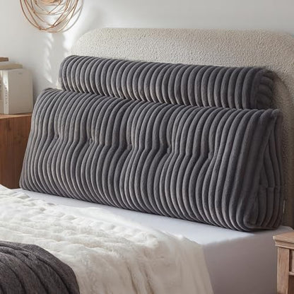 Headboard Pillow + A Long Neck Roll Pillow Body Pillow，Faux Fur Headboard Wedge Pillow with Removable Cover (Gray, Queen：59x8x20 inches)